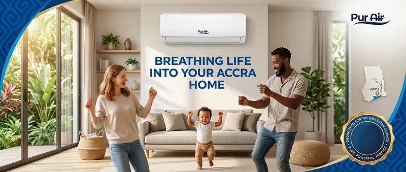 Same Dansoman living room shown before PUR AIR — hot, hazy, dusty air — and after installation, cool and visibly clear.